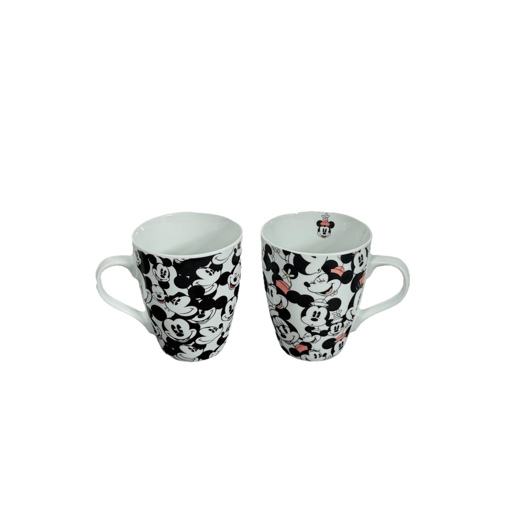 Disney Minnie & Mickey Mouse Set (2) Faces All Over Coffee Mug Black White Red